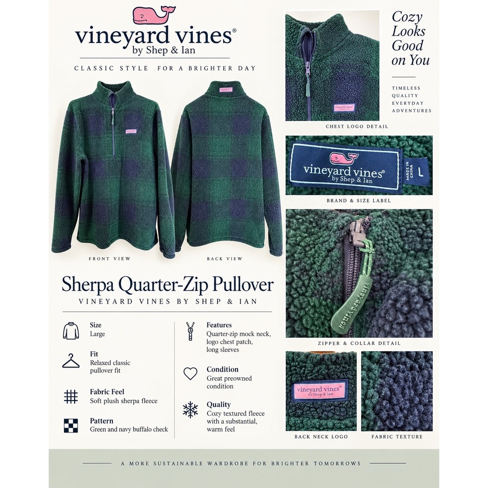 Vineyard Vines Women's Large Blackwatch Sherpa Half Zip Plaid Fleece Preppy - Picture 6 of 14